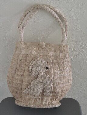 Vintage Poodle Raffia Bag, Made In Japan